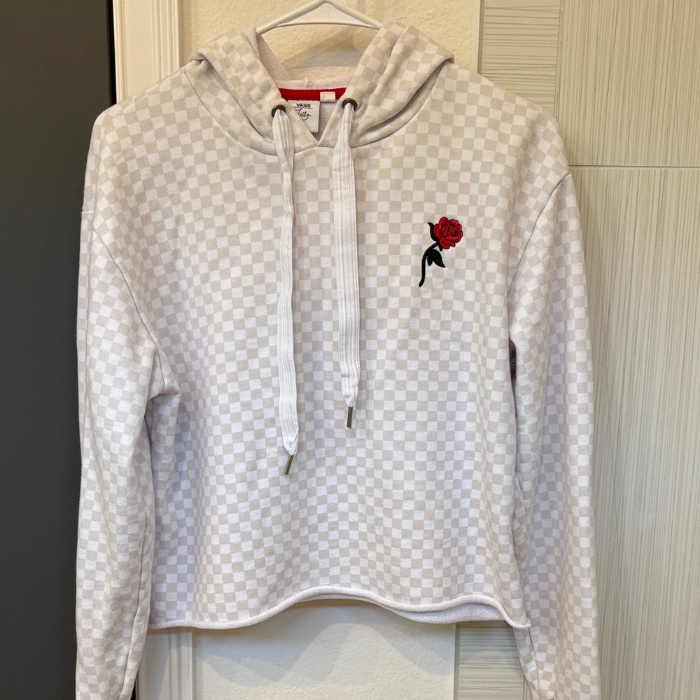 VANS Checkerboard Crop Hoodie with Embroidered Red Rose